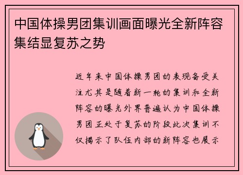 中国体操男团集训画面曝光全新阵容集结显复苏之势